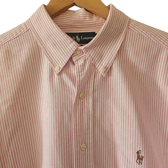 Ralph Lauren Mens Thick Pink Pinstripe Classic Fit Pony Logo Shirt 17.5 36/37 - Picture 2 of 7